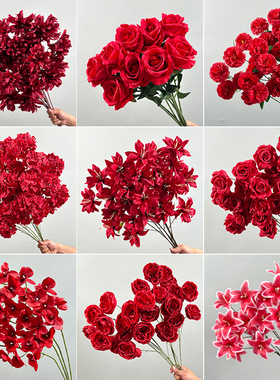 婚庆中式仿真花红色高级插花摆件吊米玫瑰花吊顶订婚背景假花花束