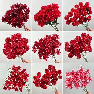 婚庆中式仿真花红色高级插花摆件吊米玫瑰花吊顶订婚背景假花花束