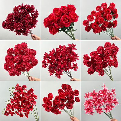 红色仿真花牡丹酒红色绢花