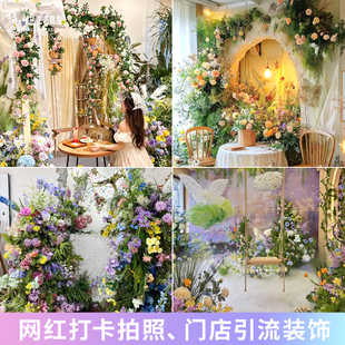 莫奈花园仿真花瀑布造景布置轻奢高端橱窗美陈网红打卡装 饰假花