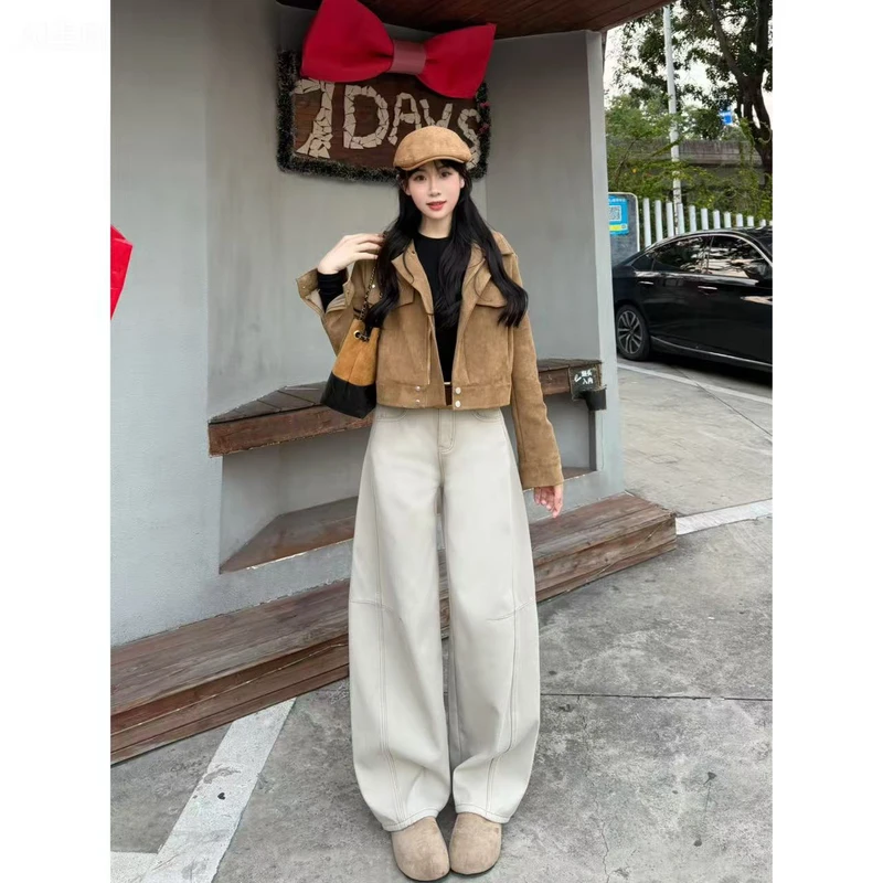 健鸿女装个体店明月灰窄版复古弯刀阔腿小个子高腰宽松显瘦拖地裤