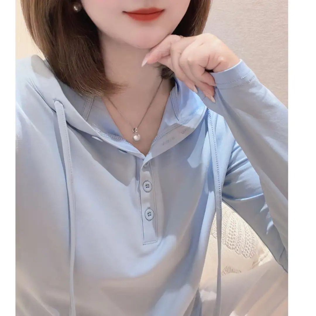 蜜豆精选女装春夏爆款升级精品纯棉简约纯色百搭显瘦连帽长袖t恤