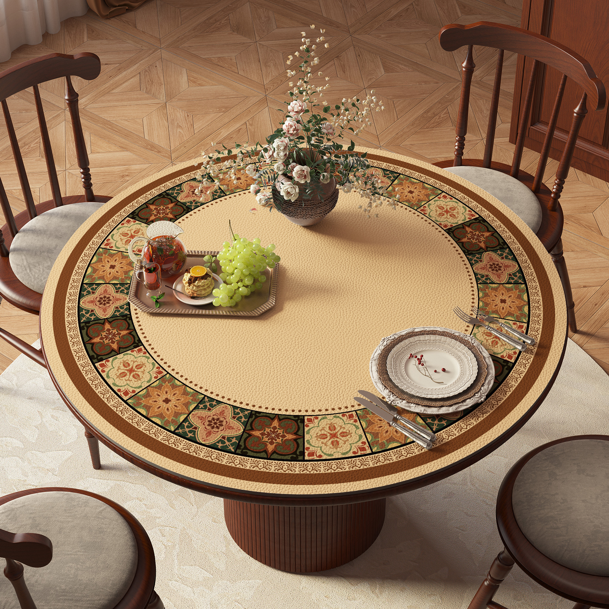 美式圆桌桌布防水防油免洗防烫餐桌垫轻奢高级感圆形桌面保护垫子