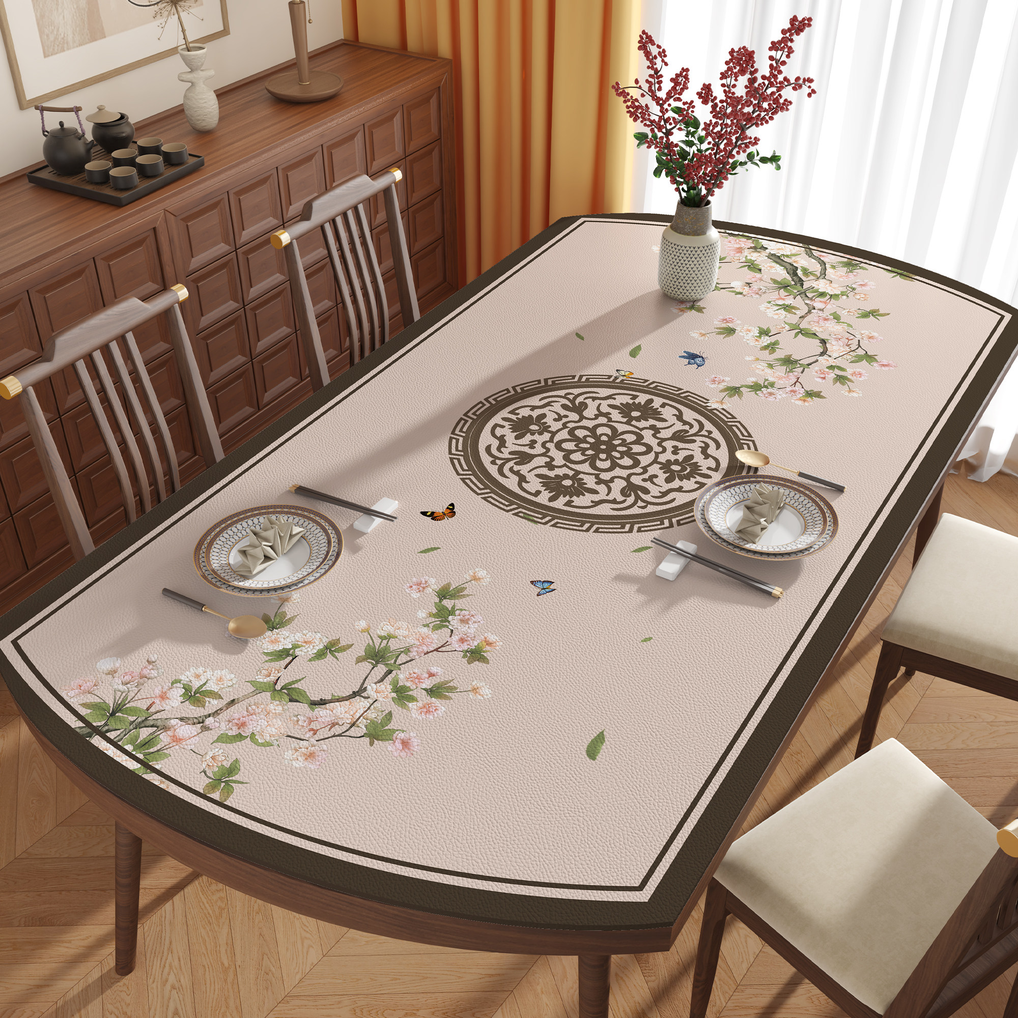 新中式椭圆形餐桌垫免洗防水防油防烫轻奢高级感折叠圆桌茶几桌布,居家布艺,桌布,淘宝优惠券,粉丝福利购,淘宝优惠卷