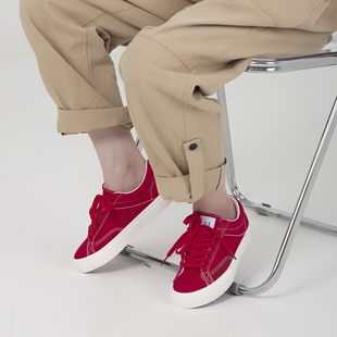 顽刻官方红色帆布拼翻毛皮纯色街头潮流滑板休闲夏季 情侣滑板鞋