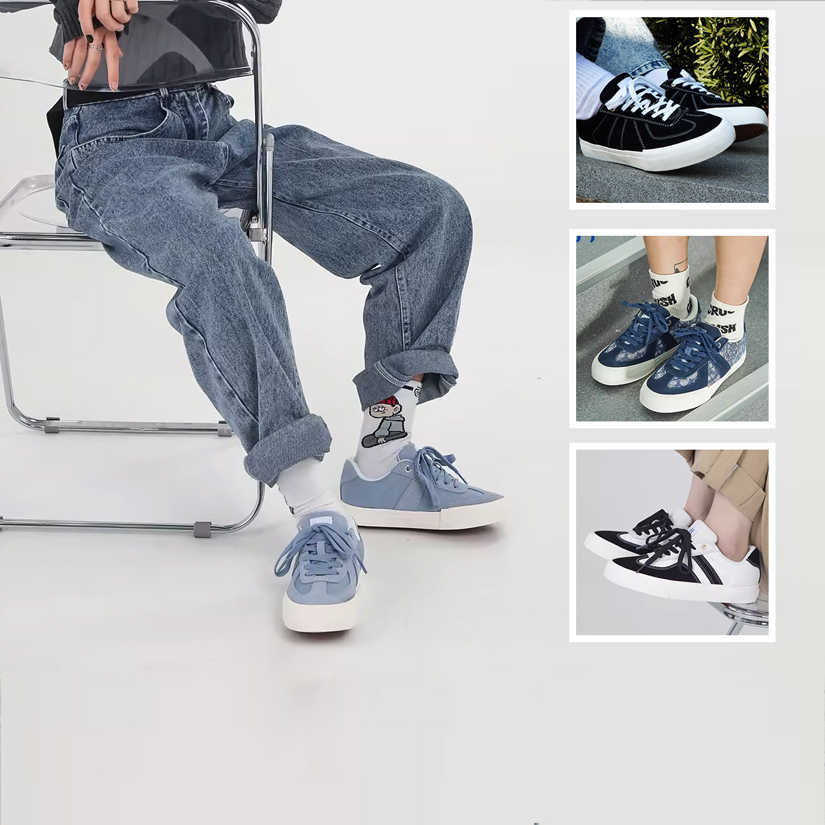 顽刻翻毛皮撞色拼接低帮滑板鞋