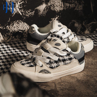 顽刻官方面包鞋 斑马纹格子小香风翻毛皮拼接BAKE滑板鞋