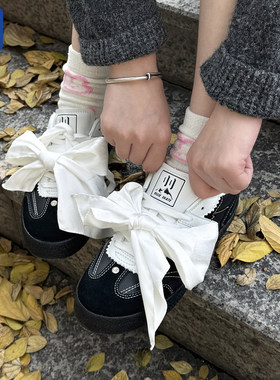 顽刻官方黑色皮质蝴蝶结丝带生胶W系列国潮男女德训滑板鞋