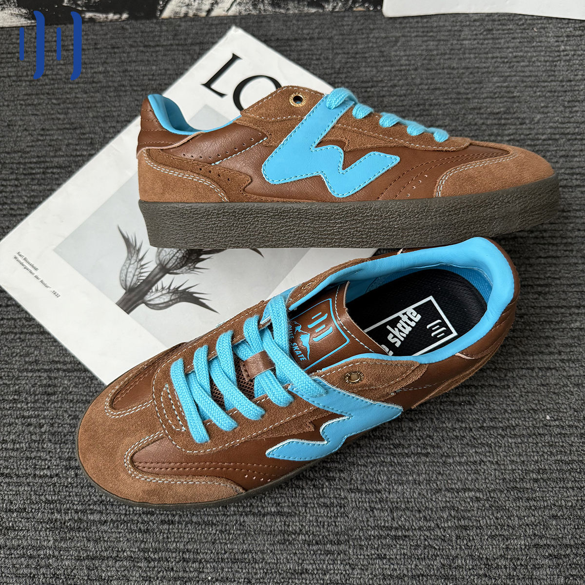 顽刻官方棕/蓝配色德训生胶底W系列男女低帮国潮滑板鞋
