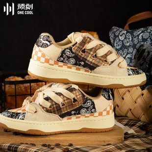 顽刻官方冷粘面包鞋 腰果花棋盘格印花秋冬BAKE男女国潮滑板鞋