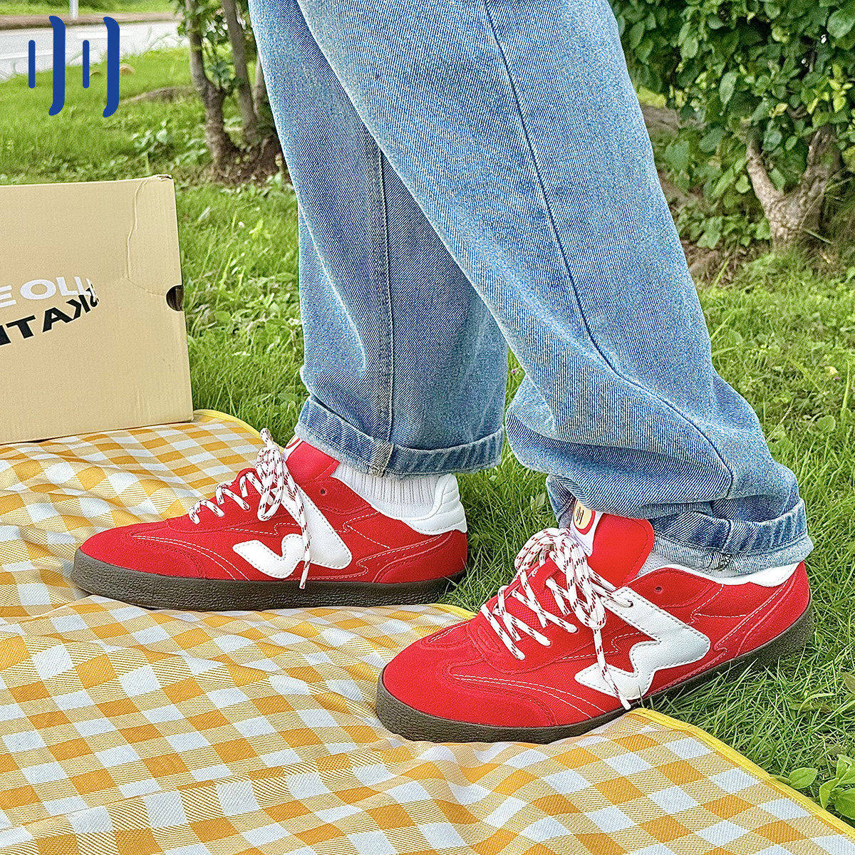 顽刻官方红白拼色翻毛皮生胶底W系列男女国潮德训滑板鞋