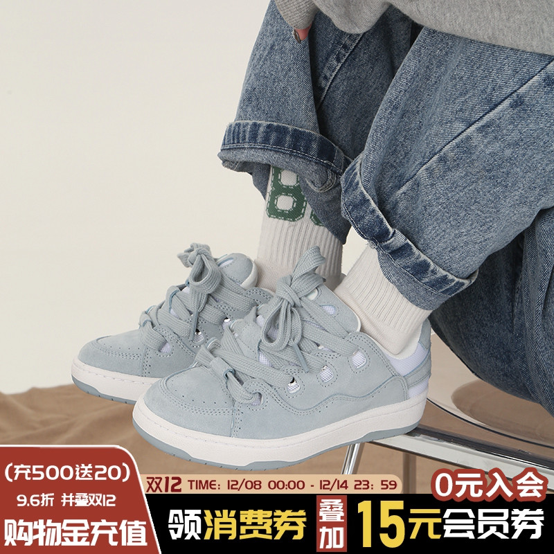 顽刻冰蓝色翻毛皮低帮情侣面包鞋