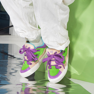 顽刻官方面包鞋 翻毛皮绿紫复古撞色拼接BAKE男女滑板鞋