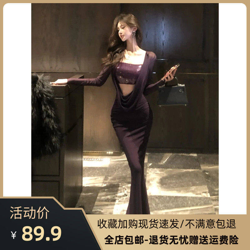 性感纯欲高级感垂折领抹胸洋装女夏季新款修身显瘦带胸垫包臀长裙