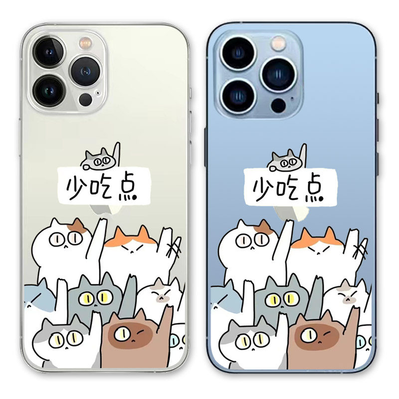 卡通手绘猫咪举手减肥少吃点励志新款苹果iPhone15Promax14透明软硅胶潮牌透黑壳恶搞小米荣耀oppovivo手机壳