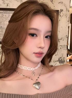 双层蕾丝爱心choker项链叠戴纯欲白色脖子配饰锁骨链女个性辣妹