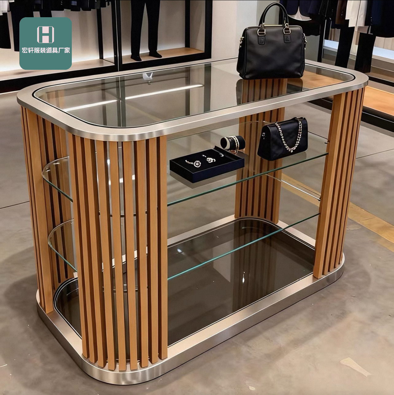 服装店不锈钢中岛台玻璃流水摆台木纹黑白展示台买手店陈列置物架