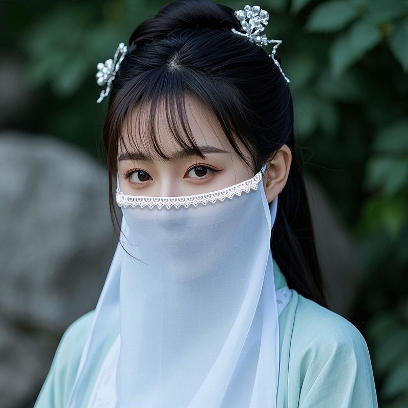 古风面纱流苏遮面帘女夏古装汉服配饰白色系带面纱黑色防晒遮脸巾