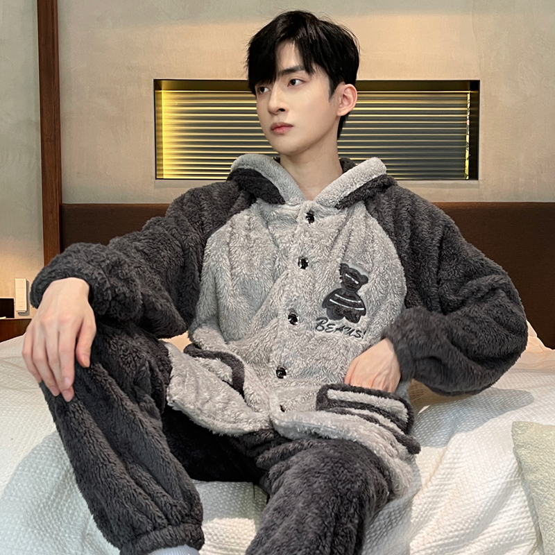2025新款珊瑚绒睡衣男冬季加厚保暖大码法兰绒套装斑马条纹家居服