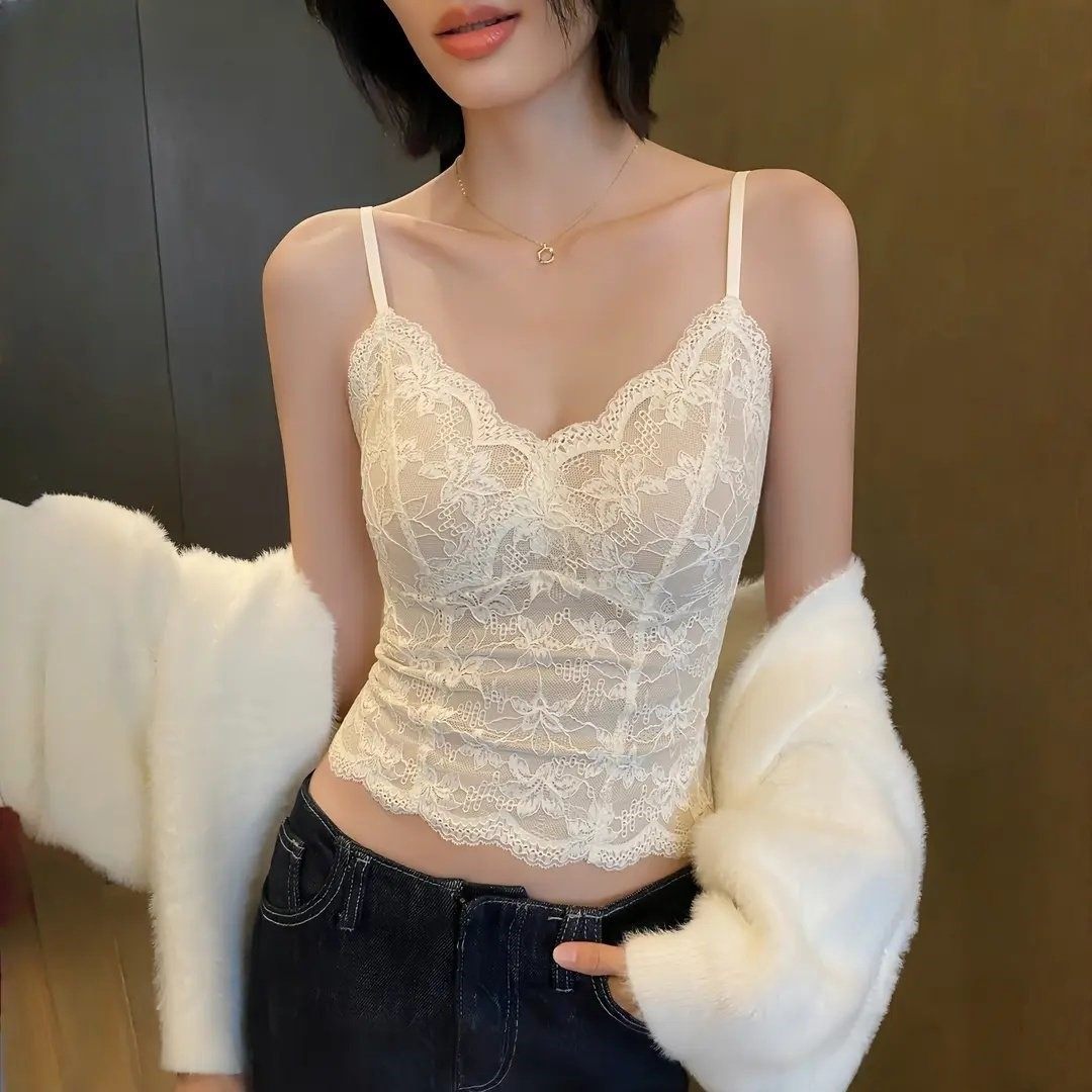 2026爆款蕾丝吊带背心女带胸垫甜辣修身内搭保暖打底上衣可外穿