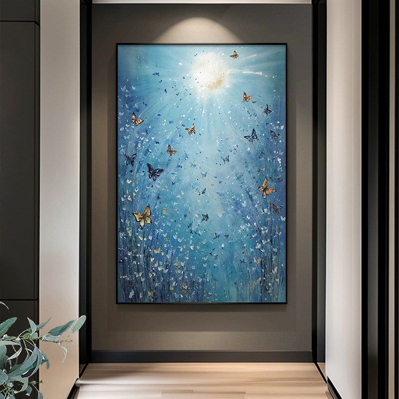 《蓝海梦蝶》大芬油画村蝴蝶入户玄关大幅手绘挂画蓝色大海走廊画