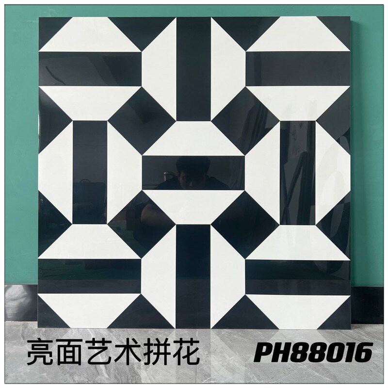亮光黑白拼花瓷砖800800防滑砖理髲店饭厅KTV酒店大堂拼花地砖