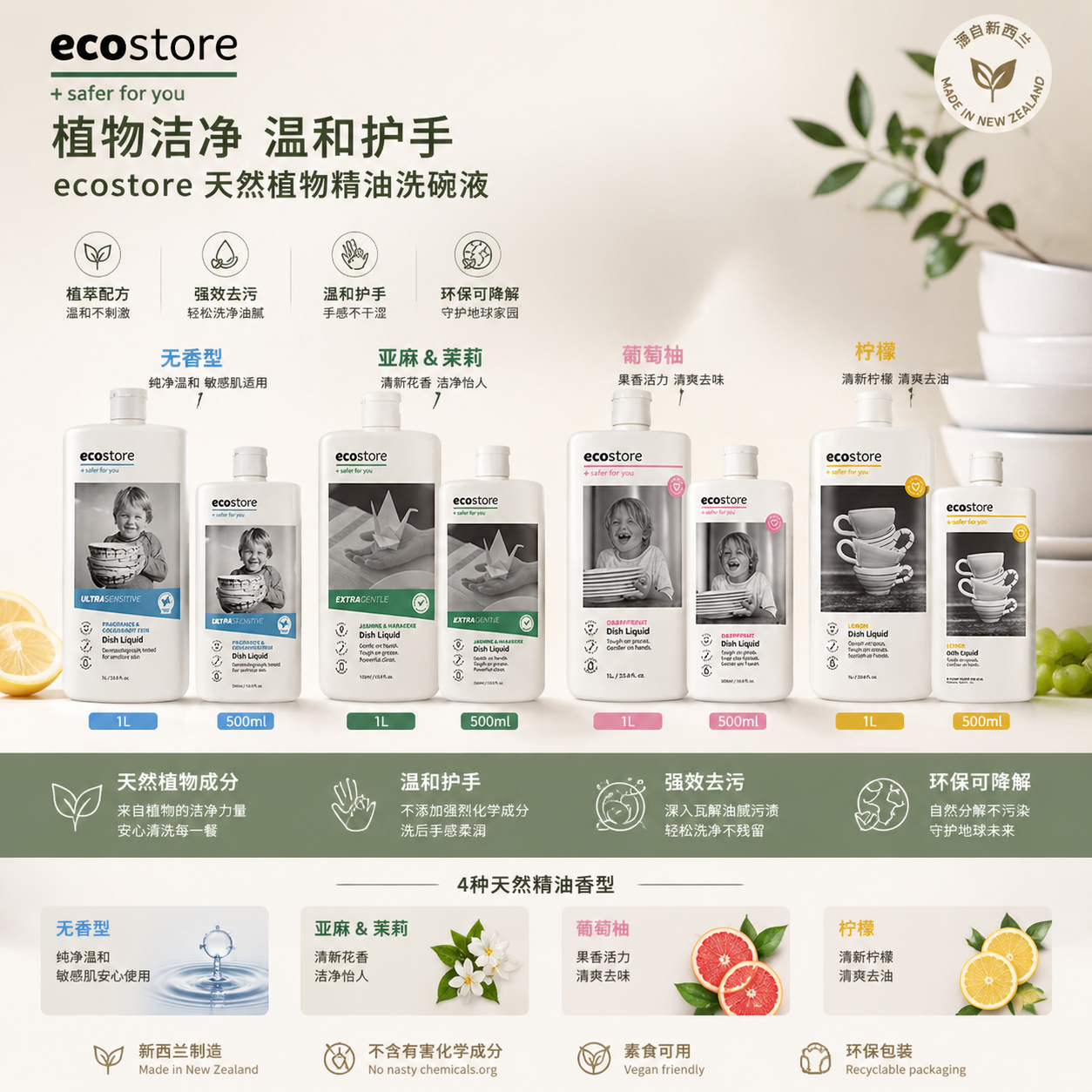 新西兰ecostore宜可诚家用食品级无香洗碗液洗洁精清洗剂500ml/1L
