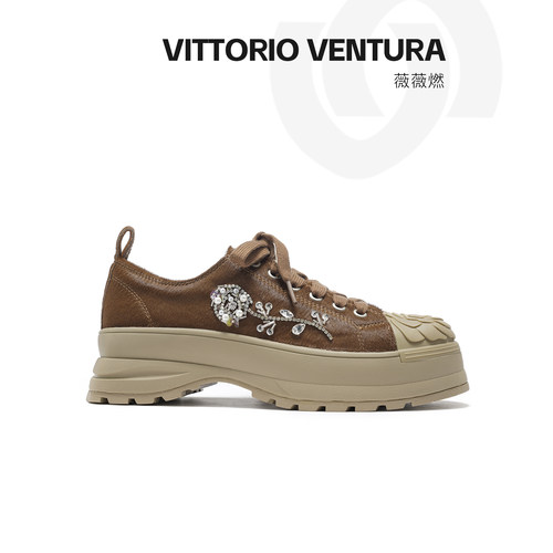 薇薇燃VITTORIO VENTURA 牛皮钻饰厚底板鞋山茶花增高休闲鞋女