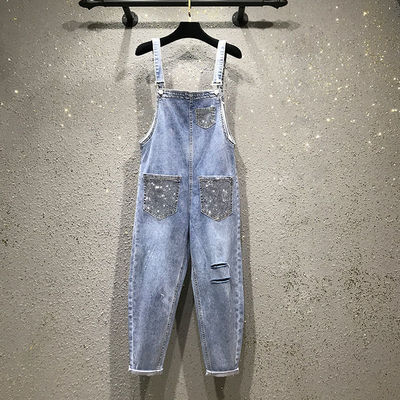 Women's split wide leg jumpsuit jeans九分阔腿连体裤女牛仔裤