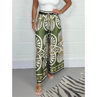 Printed satin casual pants for women印花缎面直筒式休闲裤女士