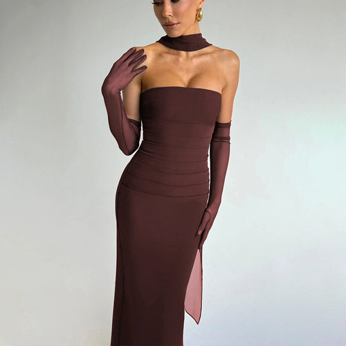 Solid color strapless sleeveless dress女士纯色抹胸包臀连衣裙