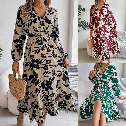 Printed V-neck long sleeved loose dress女士印花V领长袖连衣裙
