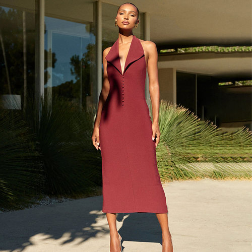 Solid color halter neck sleeveless dress纯色挂脖领无袖连衣裙