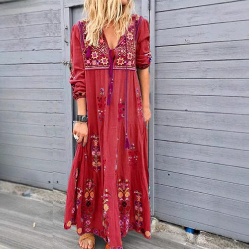 Printed round neck long sleeved dress 女士印花圆领长袖连衣裙