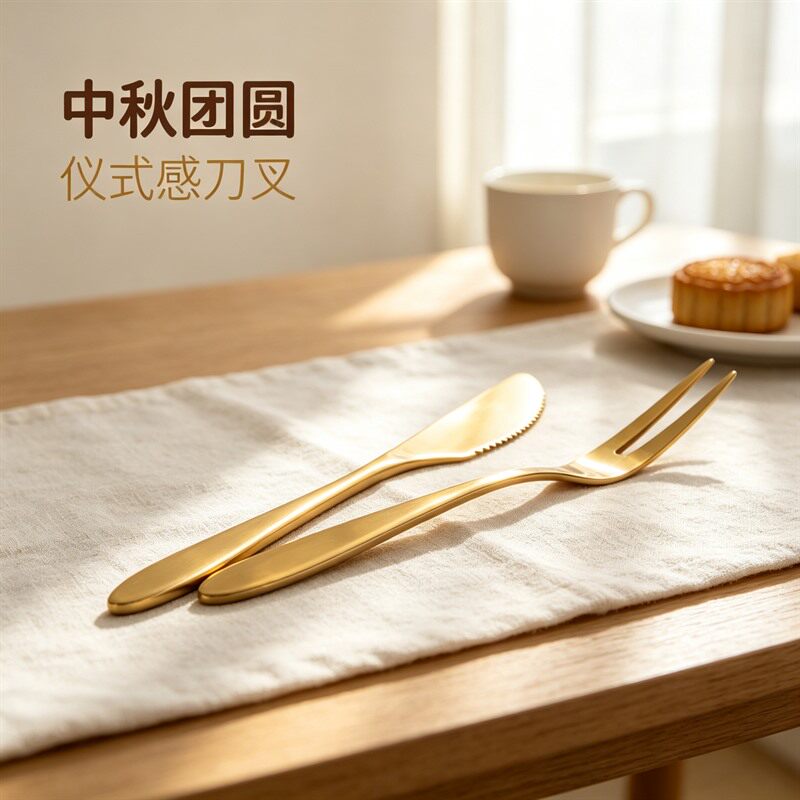 中秋不锈钢月饼刀叉套装镀金二齿水果叉西式甜品小叉子刀子月饼叉