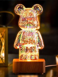 七彩3D立体小夜灯摆件暴力熊桌面装 饰玻璃氛围灯浪漫卡通发光礼物
