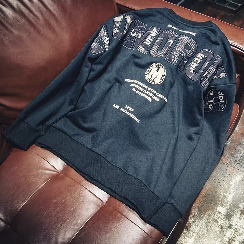 秋冬美式印花加厚卫衣男宽松潮牌大码长袖t恤圆领无帽外套潮男款