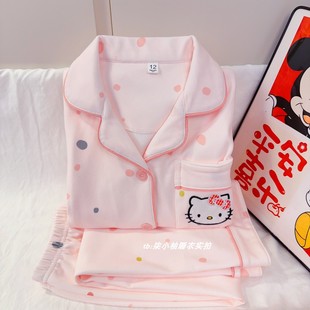 甜美Kitty猫儿童德绒睡衣女童秋冬季自发热保暖中大童套装家居服