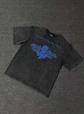 Anywayy龙形徽章做旧炒色黑色短袖 230g纯棉面料印花Vintage