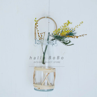 【王波波的杂货铺】日本进口清爽夏日藤编提手怀旧的玻璃花瓶