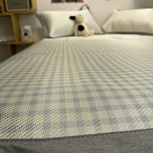 ins北欧简约风蓝色格子凉感冰丝藤席三件套夏凉席1.5空调凉席软席