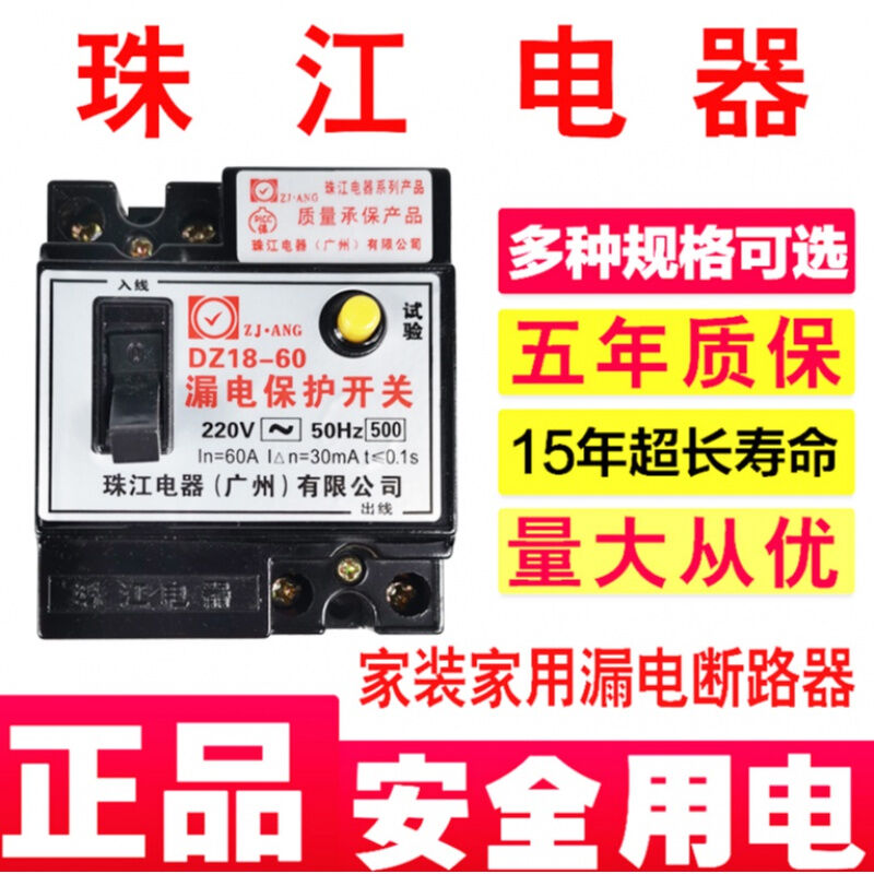 珠江黑色老款式漏电断路器220V16/32/32/60A总开关触电保护器2P60