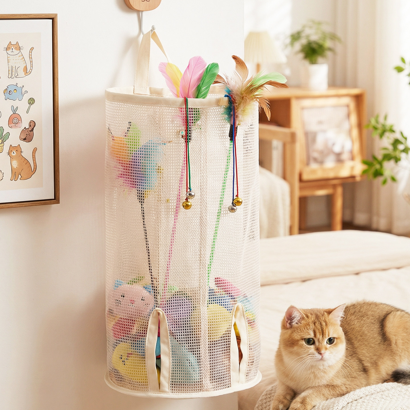 逗猫棒收纳袋挂墙猫咪玩具收纳筒网兜宠物用品整理架磨牙棒放置架图片