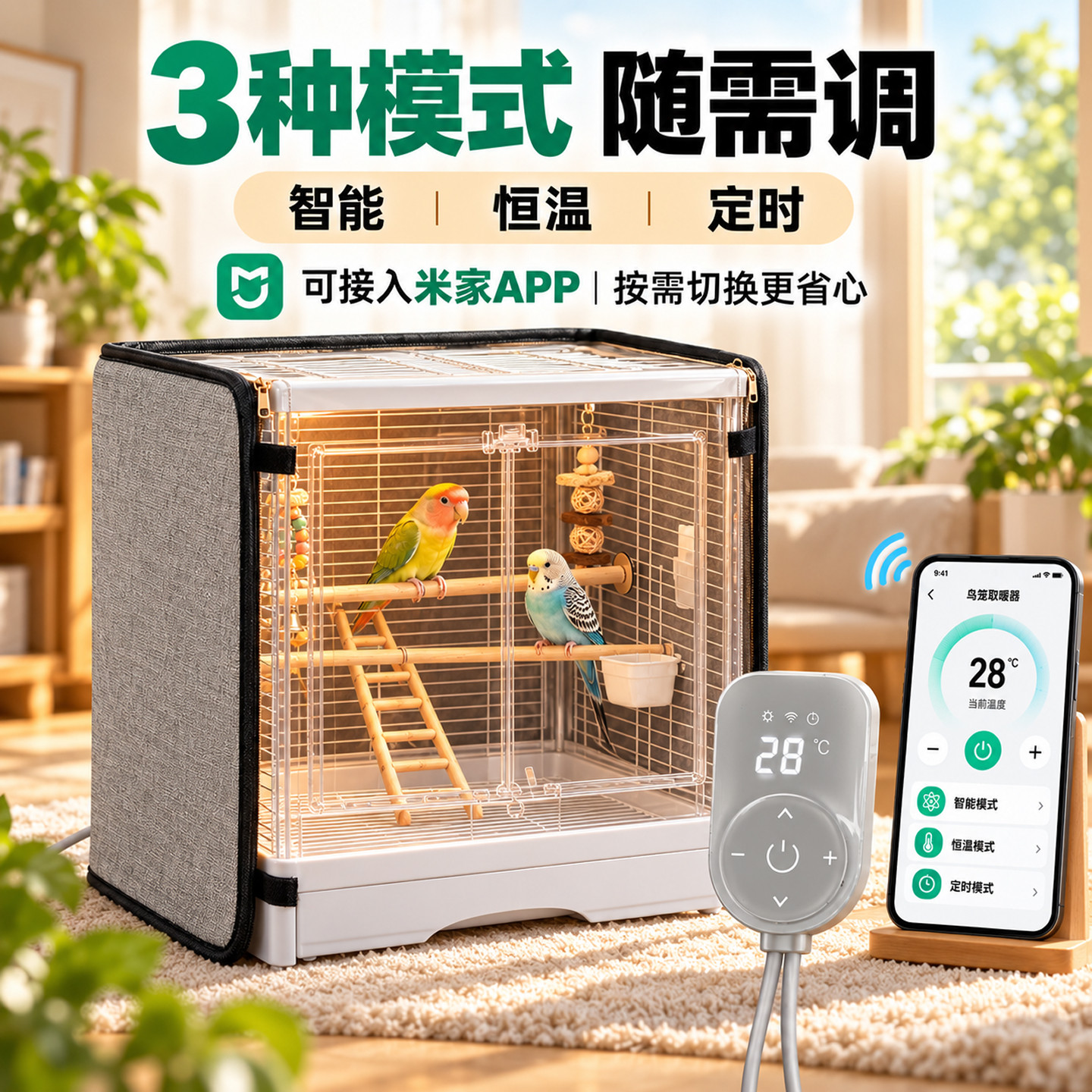 鹦鹉鸟笼保温罩自动恒温加热器远程温控笼衣鸟笼小太阳过冬保暖罩