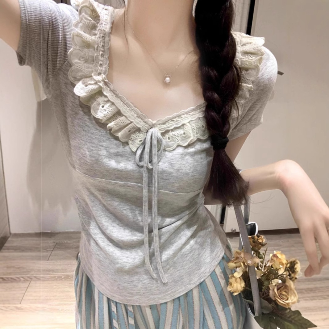 蕾丝花边拼接系带短袖T恤女夏季2025新款独特超好看压褶短款上衣