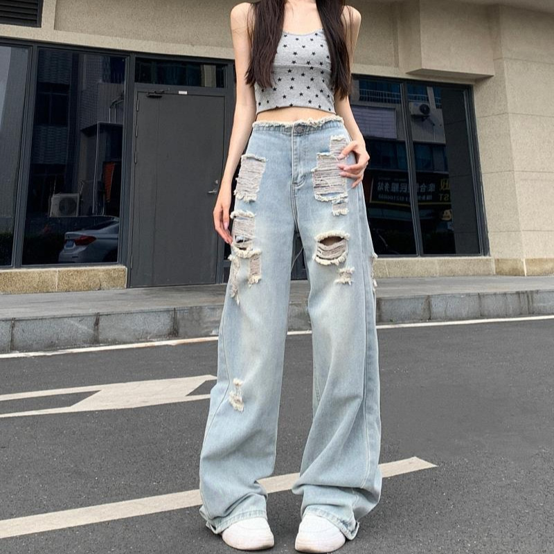 2024年夏季帅气高街水洗做旧割破洞牛仔裤女ins欧美宽松直筒长裤