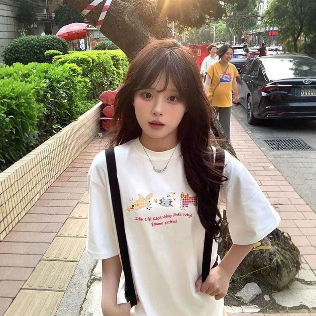 重磅纯棉黑色短袖t恤女2025新款爆款夏季正肩美式半袖宽松上衣
