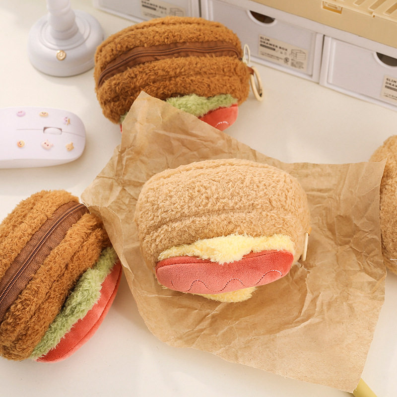 卡通热狗毛绒耳机包汉堡食玩学生书包挂件玩偶仿真食物拉链零钱包