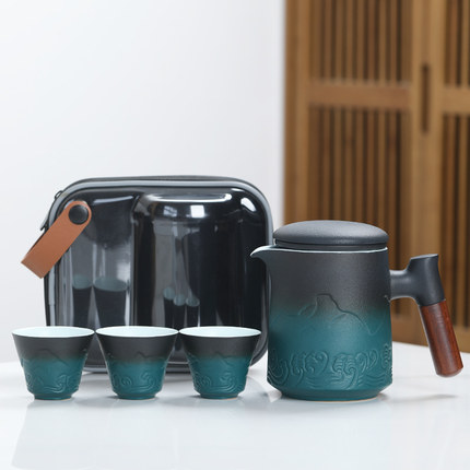 元青 整套茶具功夫茶具旅行茶具套装浪屿旅行快克杯黑绿渐变