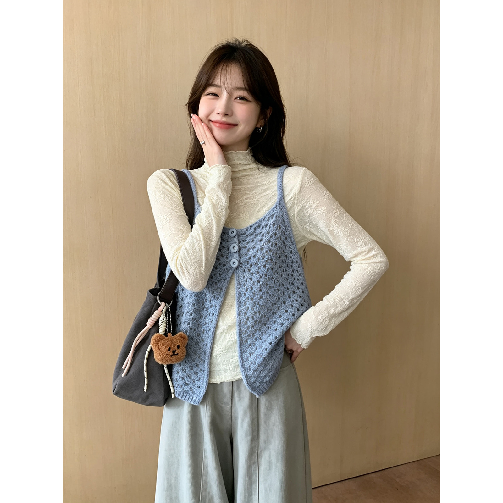 韩系少女针织背心蕾丝T恤两件套